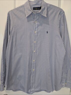 Ralph Lauren Blue White Striped Button Down Shirt Men 17 43 Classic Fit